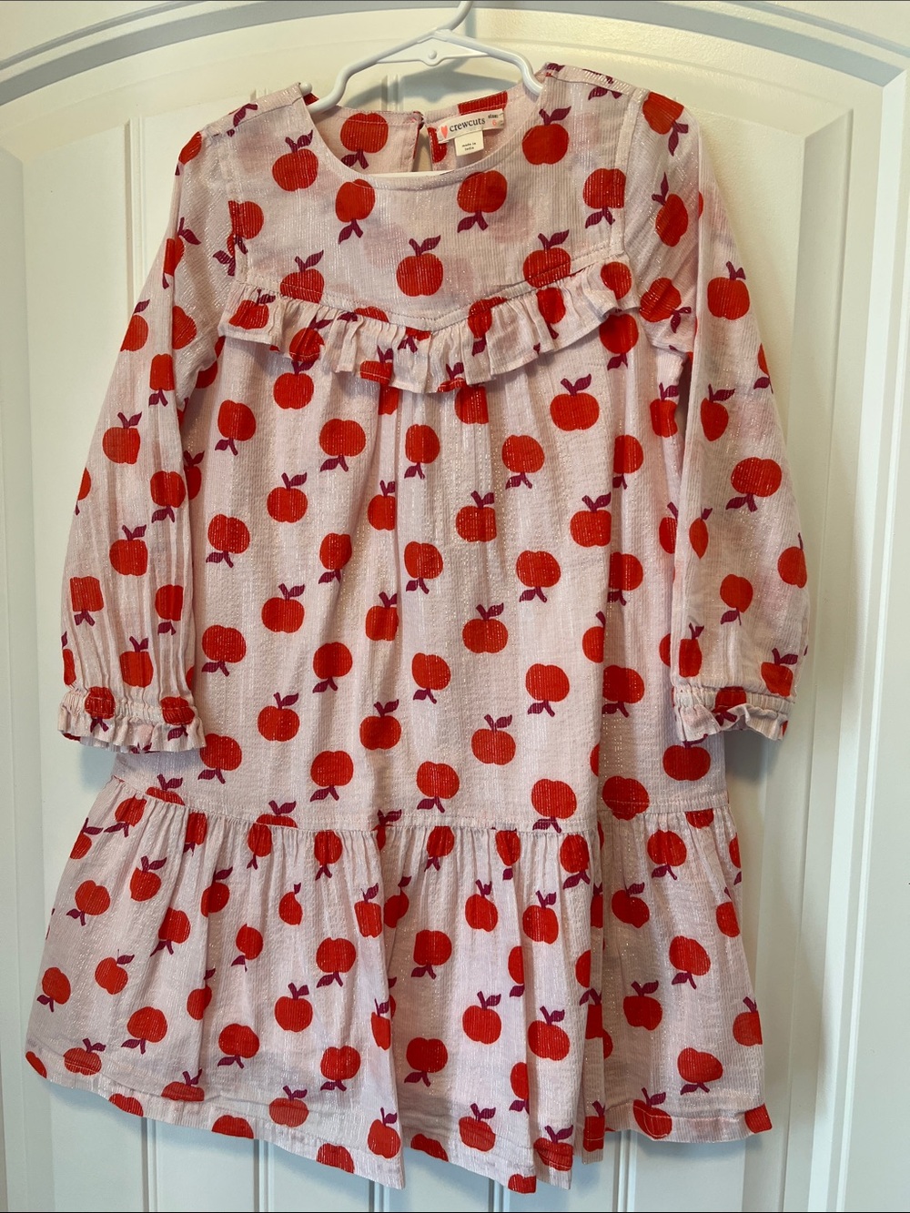 Crewcuts Pink Dress with Red Apple Print and Purple Leaf Accents